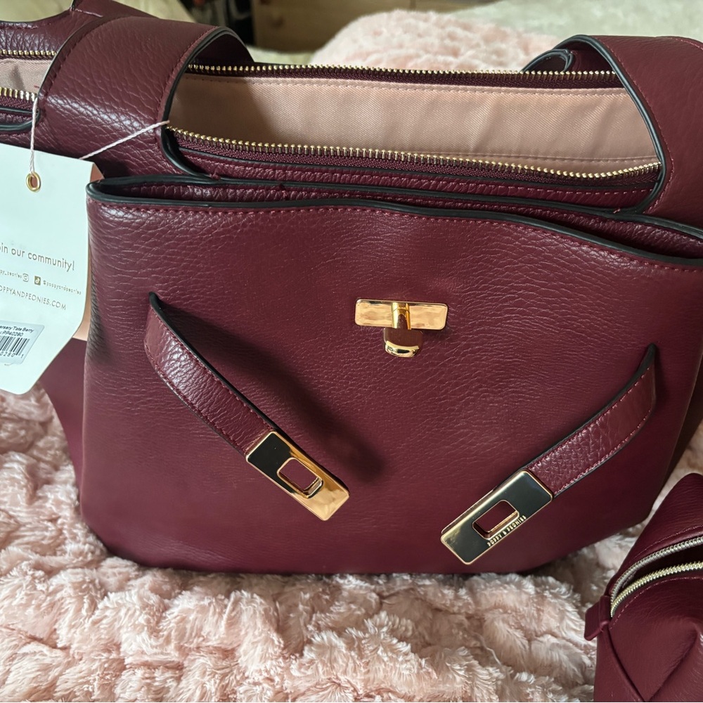 Poppy & Peonies Burgundy Pebbled Tote with Matching Pouches - Picture 7 of 9
